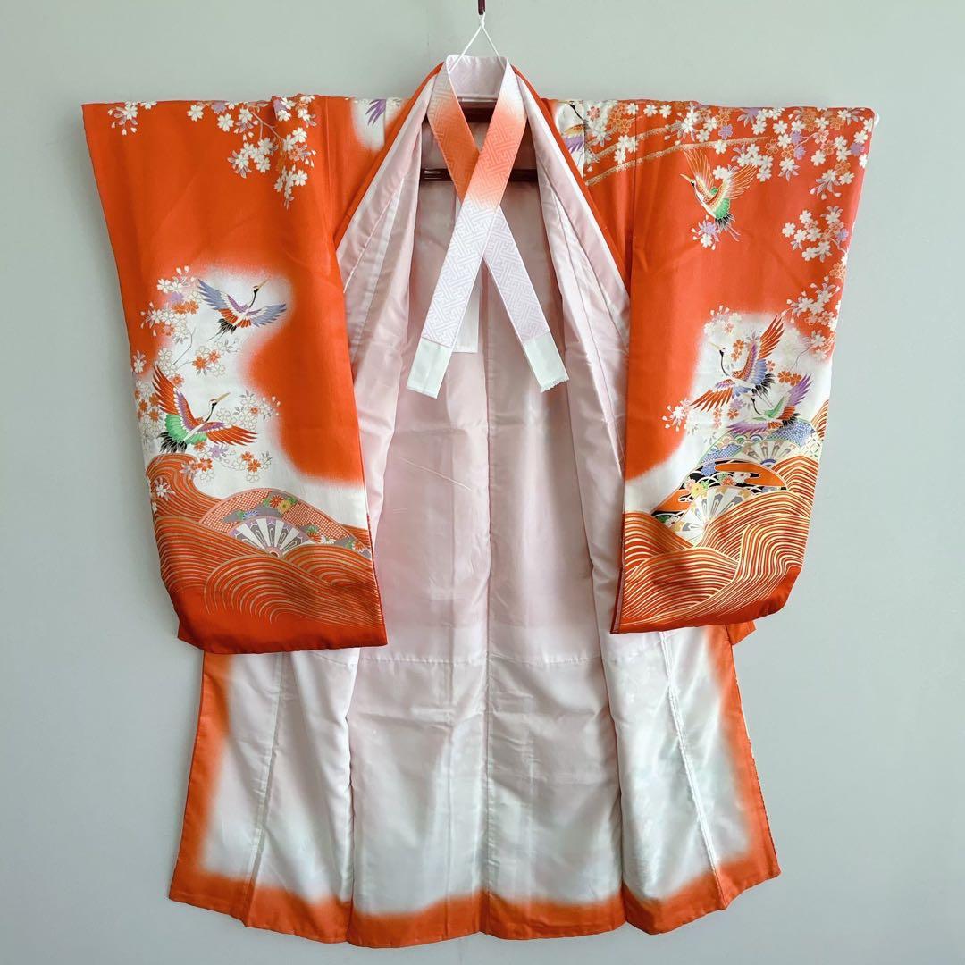フルセット　七五三　７歳女の子　着物＆帯＆簡単半衿＆小物セット　オレンジ　鶴