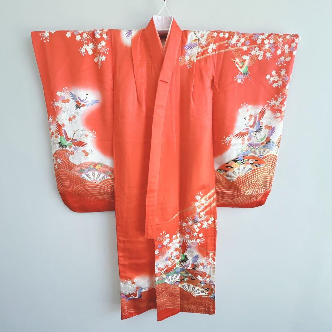 フルセット　七五三　７歳女の子　着物＆帯＆簡単半衿＆小物セット　オレンジ　鶴