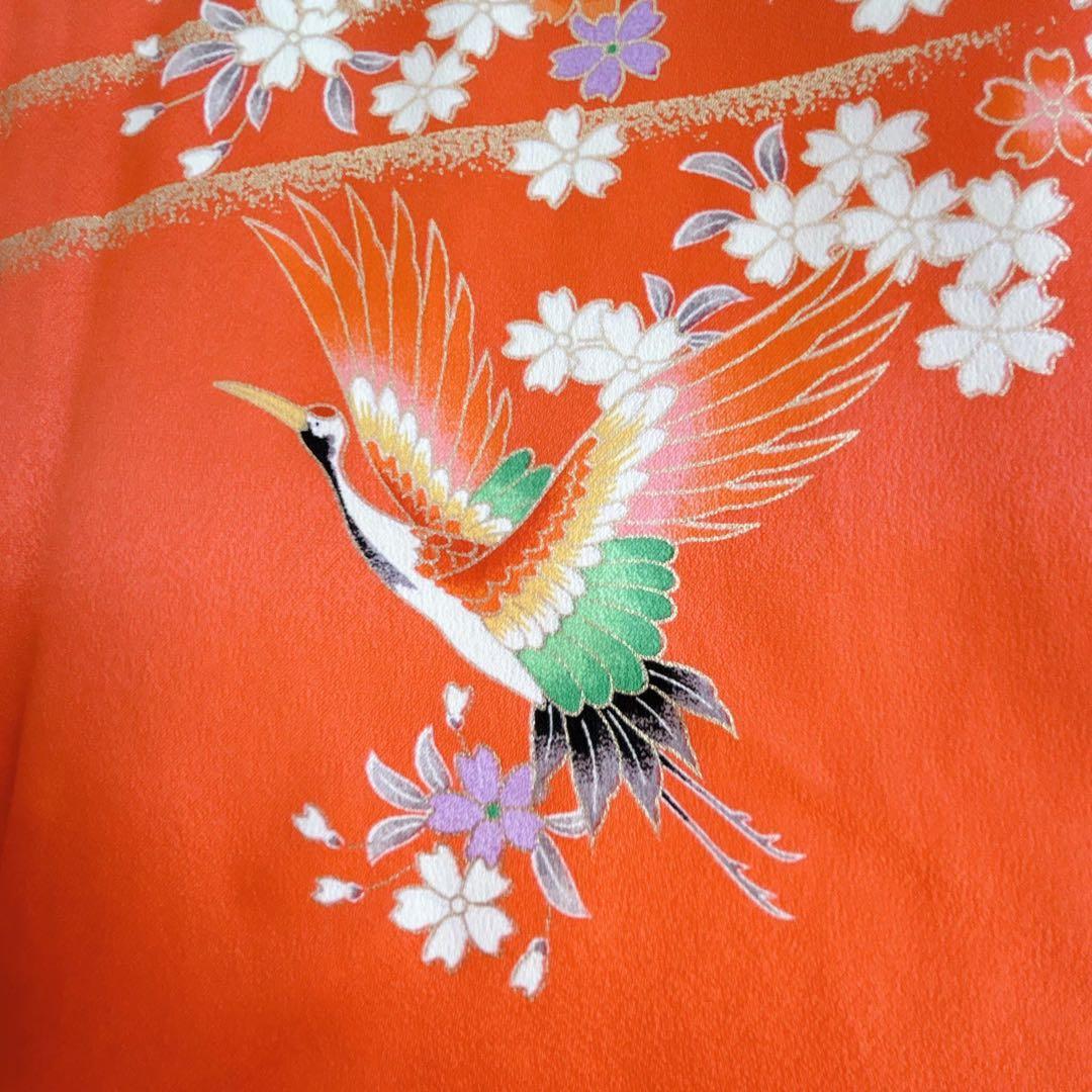 フルセット　七五三　７歳女の子　着物＆帯＆簡単半衿＆小物セット　オレンジ　鶴