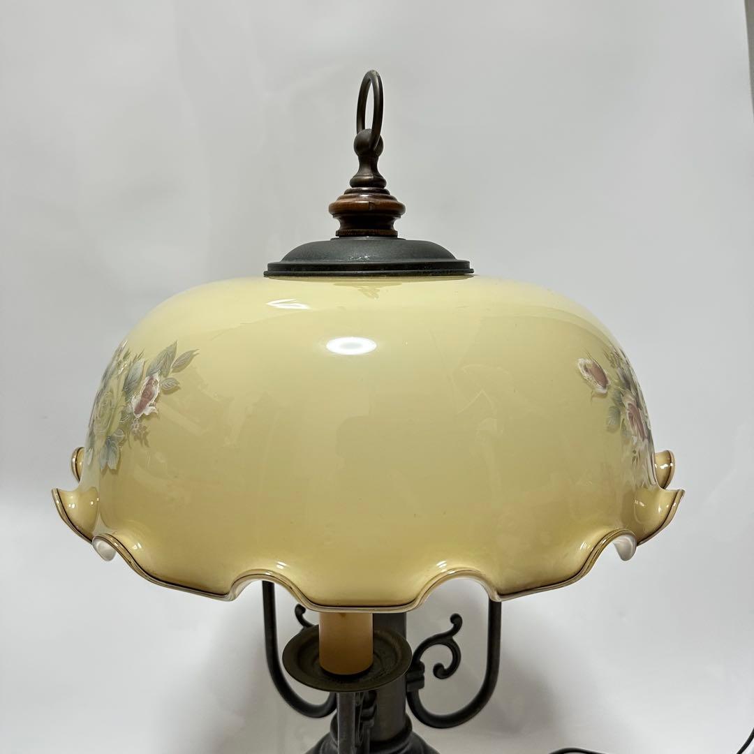 イタリア製　花柄　イエローグラスランプ3灯　ローズ　アンティーク　輸入品