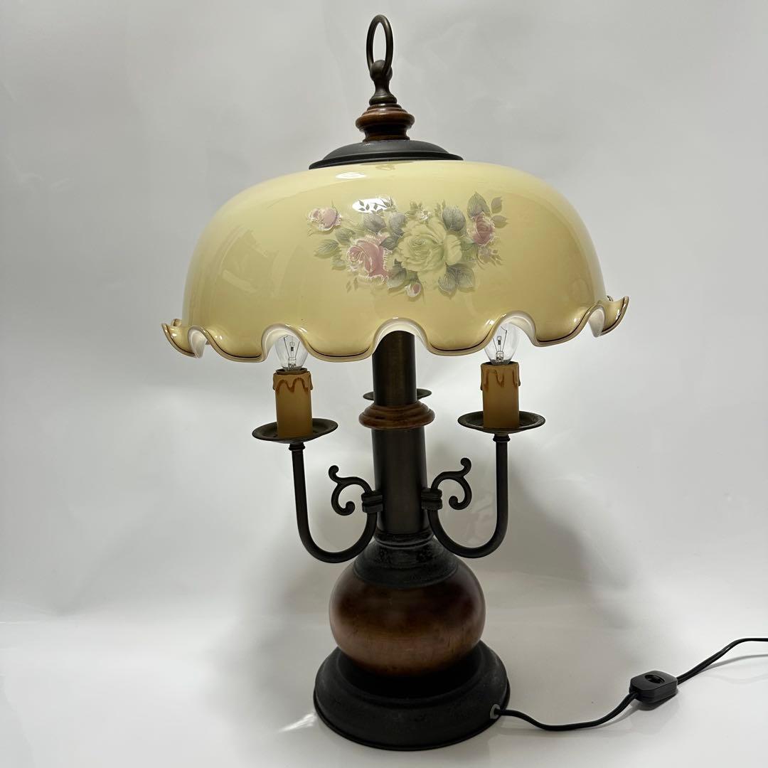 イタリア製　花柄　イエローグラスランプ3灯　ローズ　アンティーク　輸入品