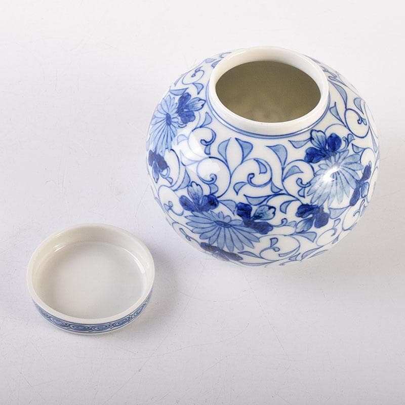 茶道具 古陶園 竹鳳窯 伊藤伊平作 染付菊唐草文 茶壺 共布共箱 V 8013