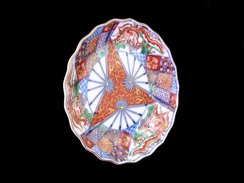 大聖寺伊万里 金襴手 鳳凰に雲 花に青海波の図 八角膾皿