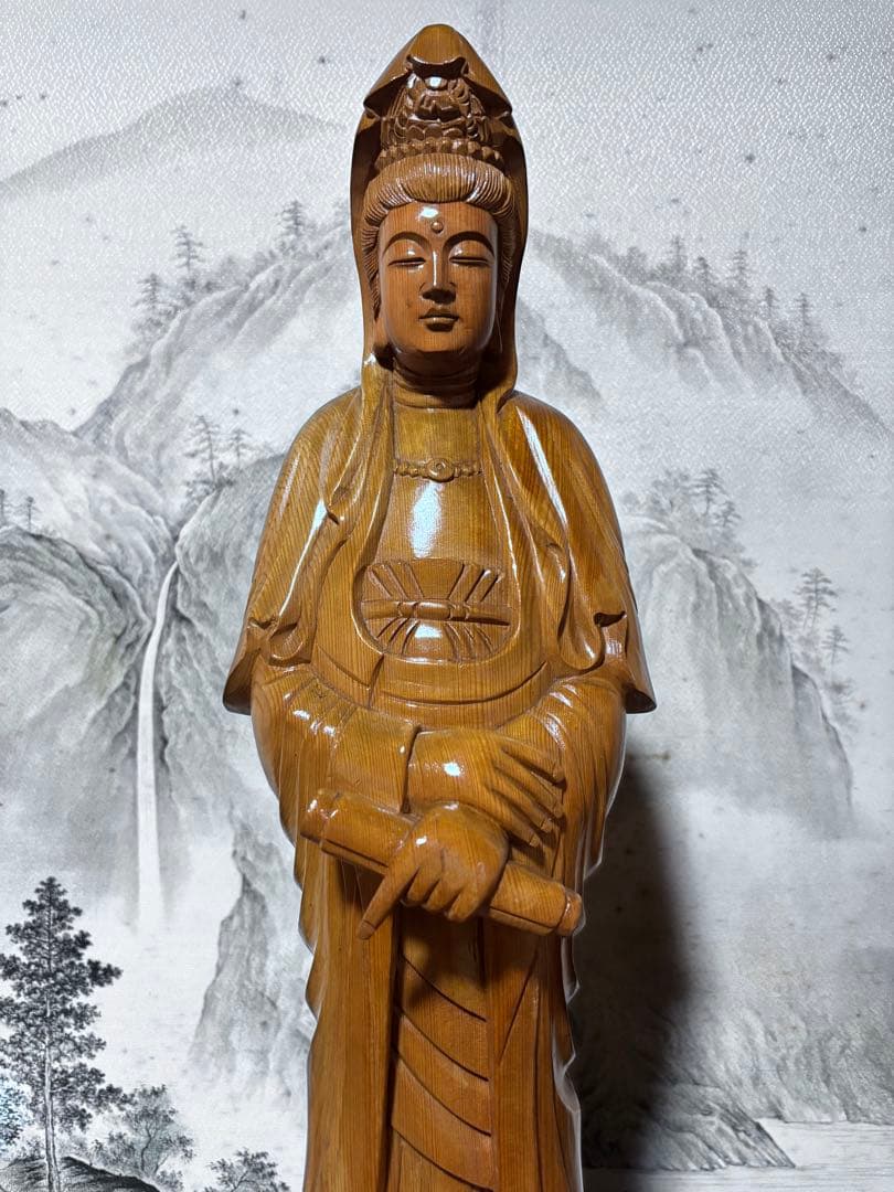 大型 観音菩薩 木彫　仏像 彫刻　開運　風水　置物　縁起物　インテリア