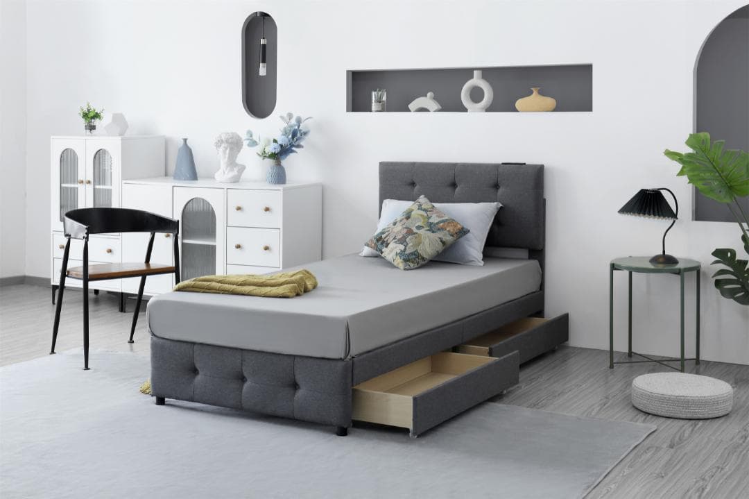【厚さ10cmマットレス付き】ファブリックベッド 引き出し付き ダークグレー