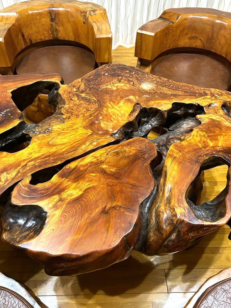 【希少】屋久杉 応接セット ローテーブル 椅子4脚 無垢 天然木 一枚板 配送可