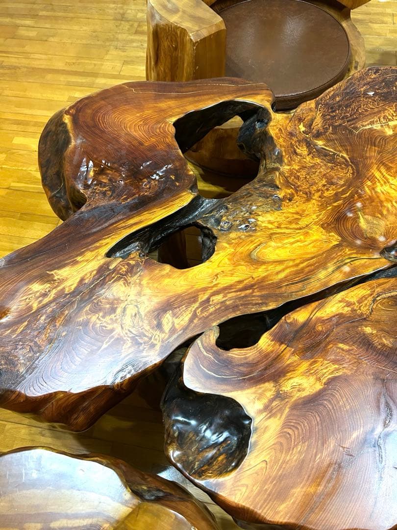 【希少】屋久杉 応接セット ローテーブル 椅子4脚 無垢 天然木 一枚板 配送可