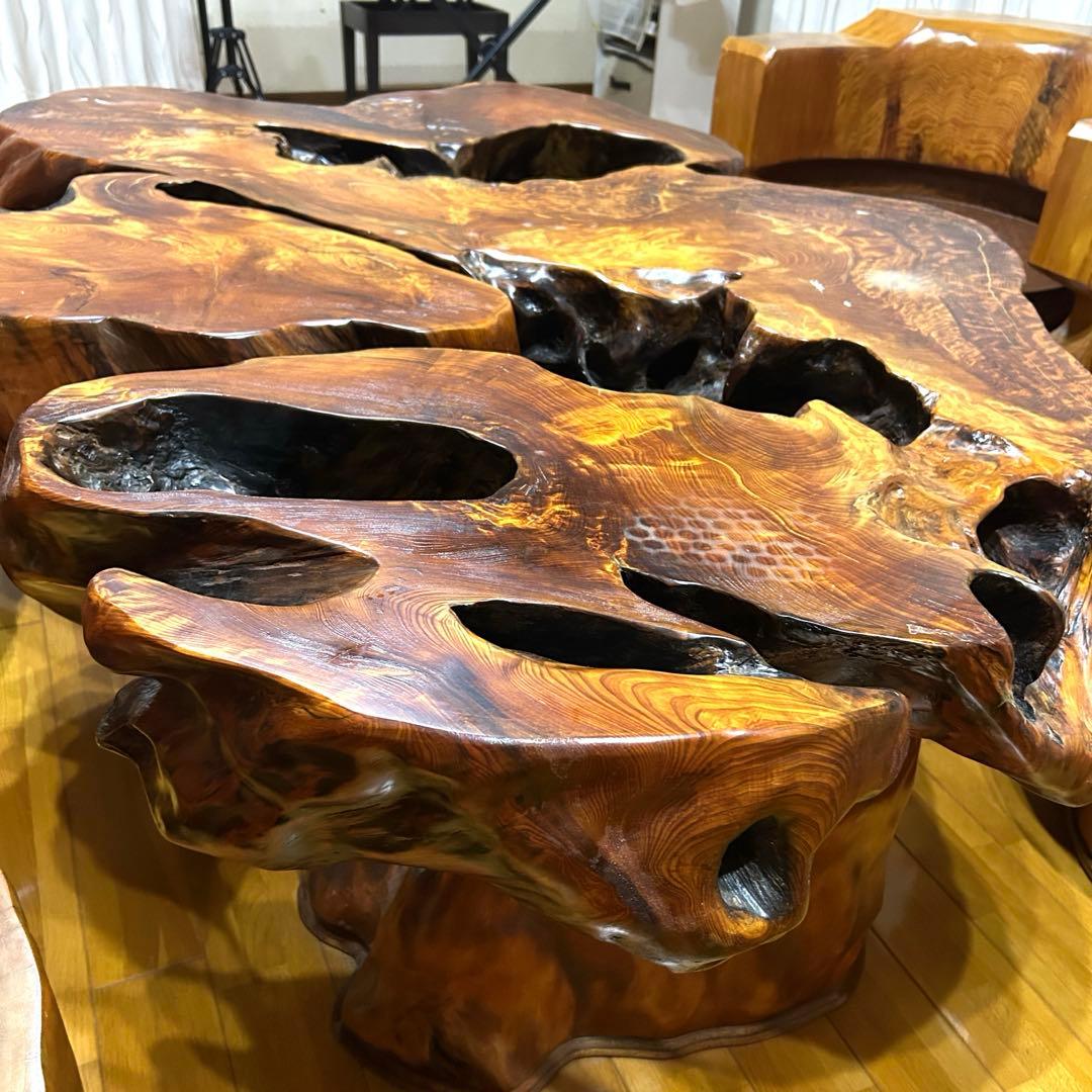 【希少】屋久杉 応接セット ローテーブル 椅子4脚 無垢 天然木 一枚板 配送可