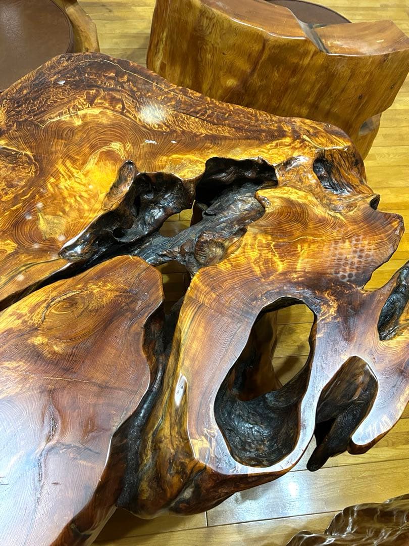 【希少】屋久杉 応接セット ローテーブル 椅子4脚 無垢 天然木 一枚板 配送可