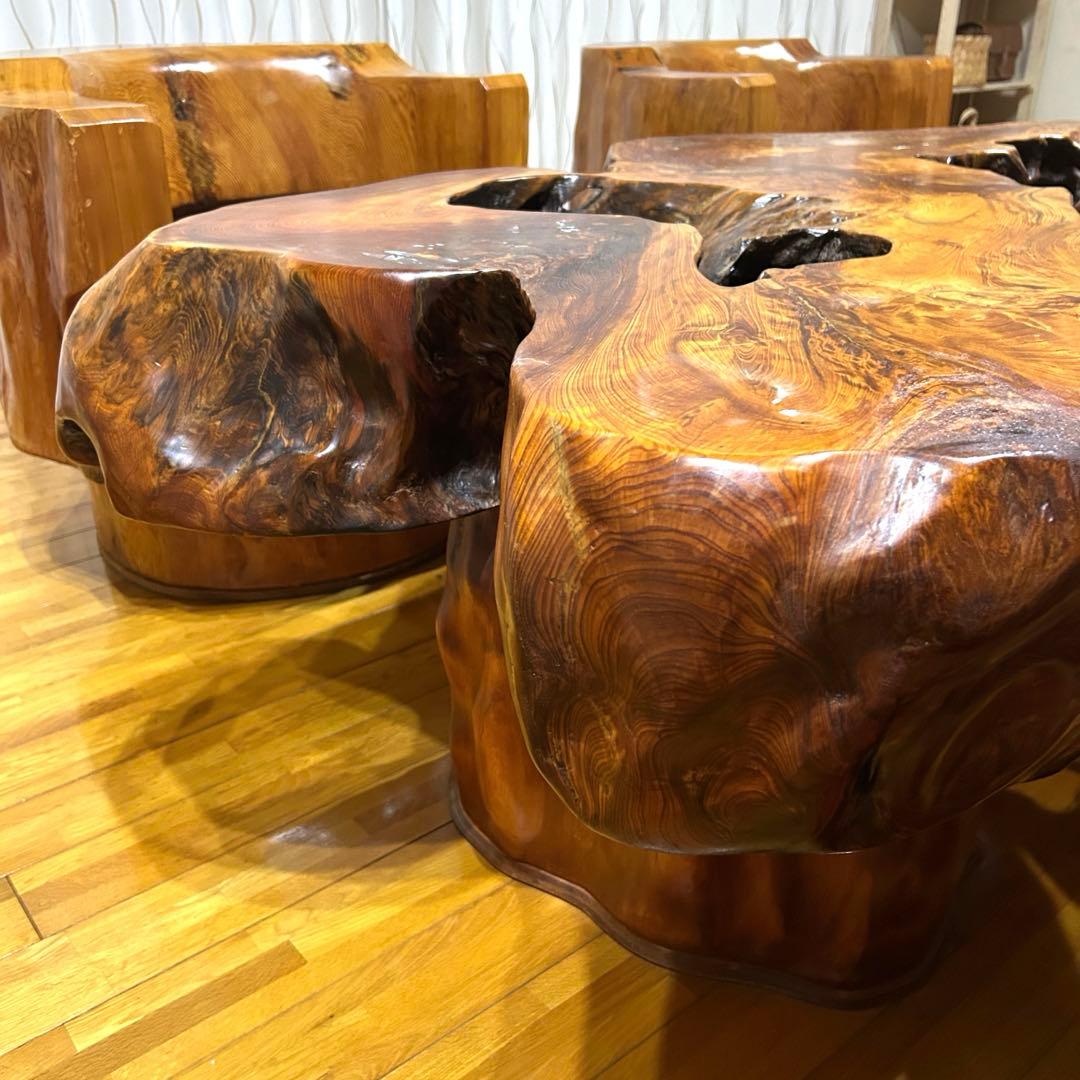 【希少】屋久杉 応接セット ローテーブル 椅子4脚 無垢 天然木 一枚板 配送可