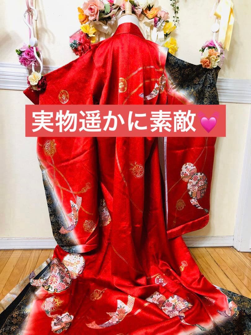 七五三七歳‼️豪華正絹レッド×BLACKラメ煌びやか花々刺繍金彩金箔完全フルセット