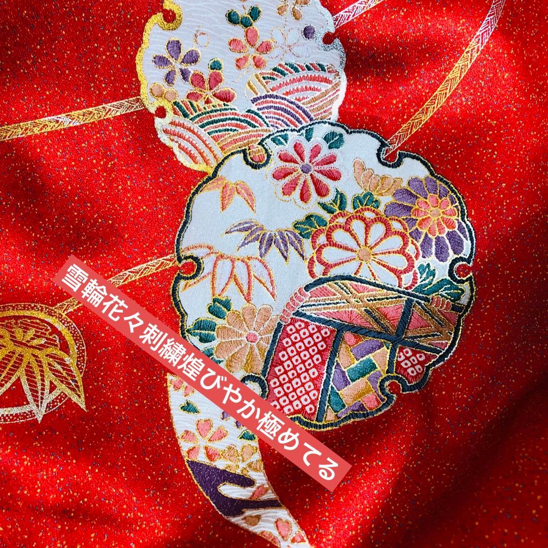 七五三七歳‼️豪華正絹レッド×BLACKラメ煌びやか花々刺繍金彩金箔完全フルセット