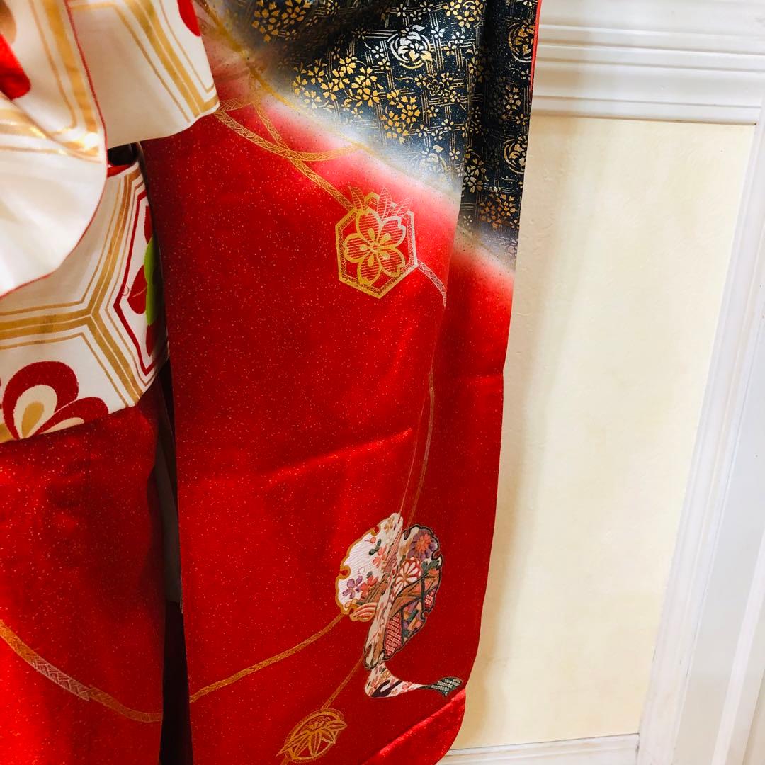 七五三七歳‼️豪華正絹レッド×BLACKラメ煌びやか花々刺繍金彩金箔完全フルセット