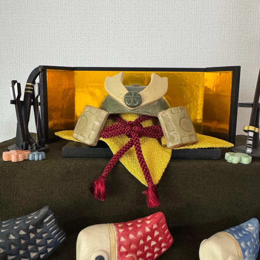 極美品★岡崎順子 陶器製 五月人形 (黒)兜付き 3段飾り