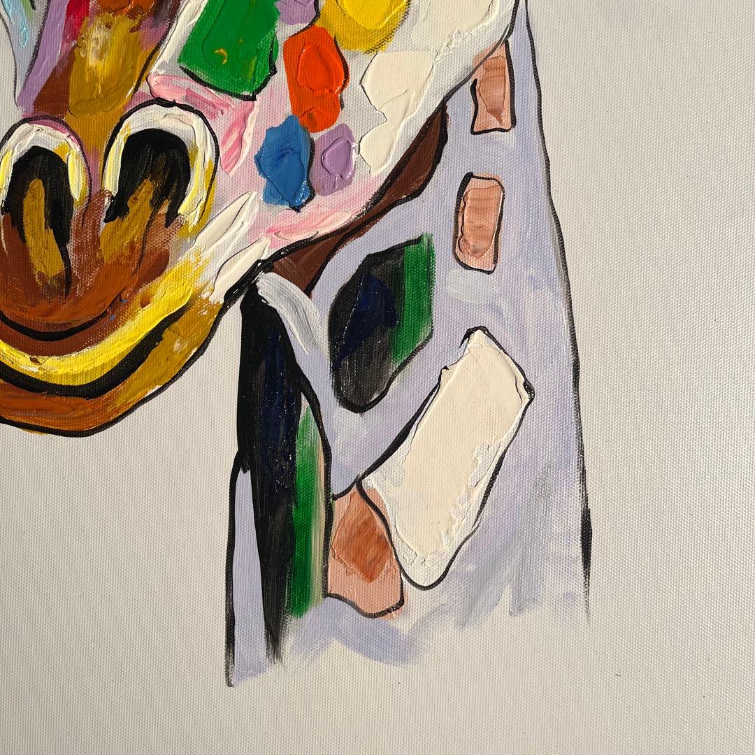 手書き油絵 七色キリン 額付 肉筆絵画 インテリア 油彩画