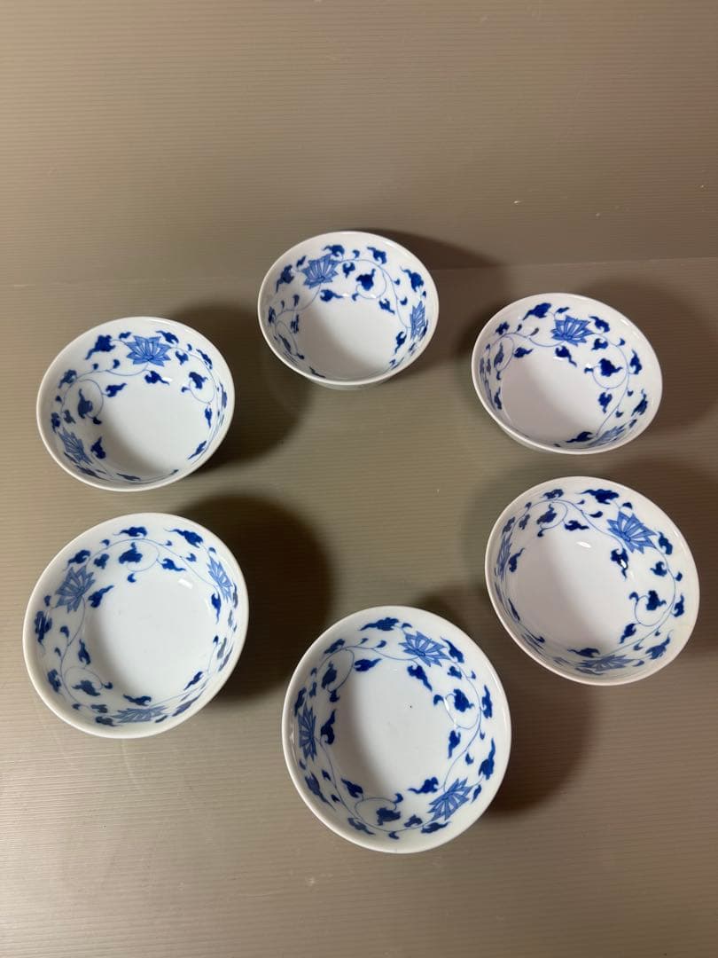 2891 深川製磁　染付唐草蓮花紋　小鉢　6客　時代物