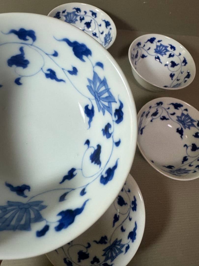 2891 深川製磁　染付唐草蓮花紋　小鉢　6客　時代物