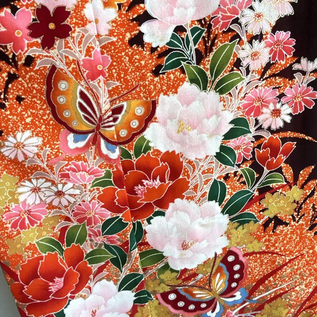 セット　七五三７歳女の子　着物＆帯＆袖なし長襦袢＆小物　黒×赤　蝶　金プリント