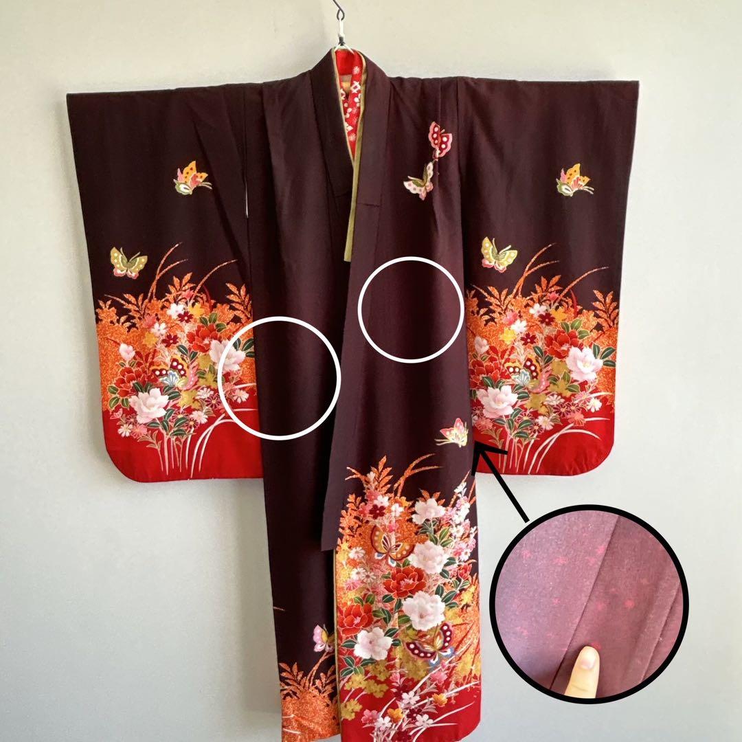 セット　七五三７歳女の子　着物＆帯＆袖なし長襦袢＆小物　黒×赤　蝶　金プリント