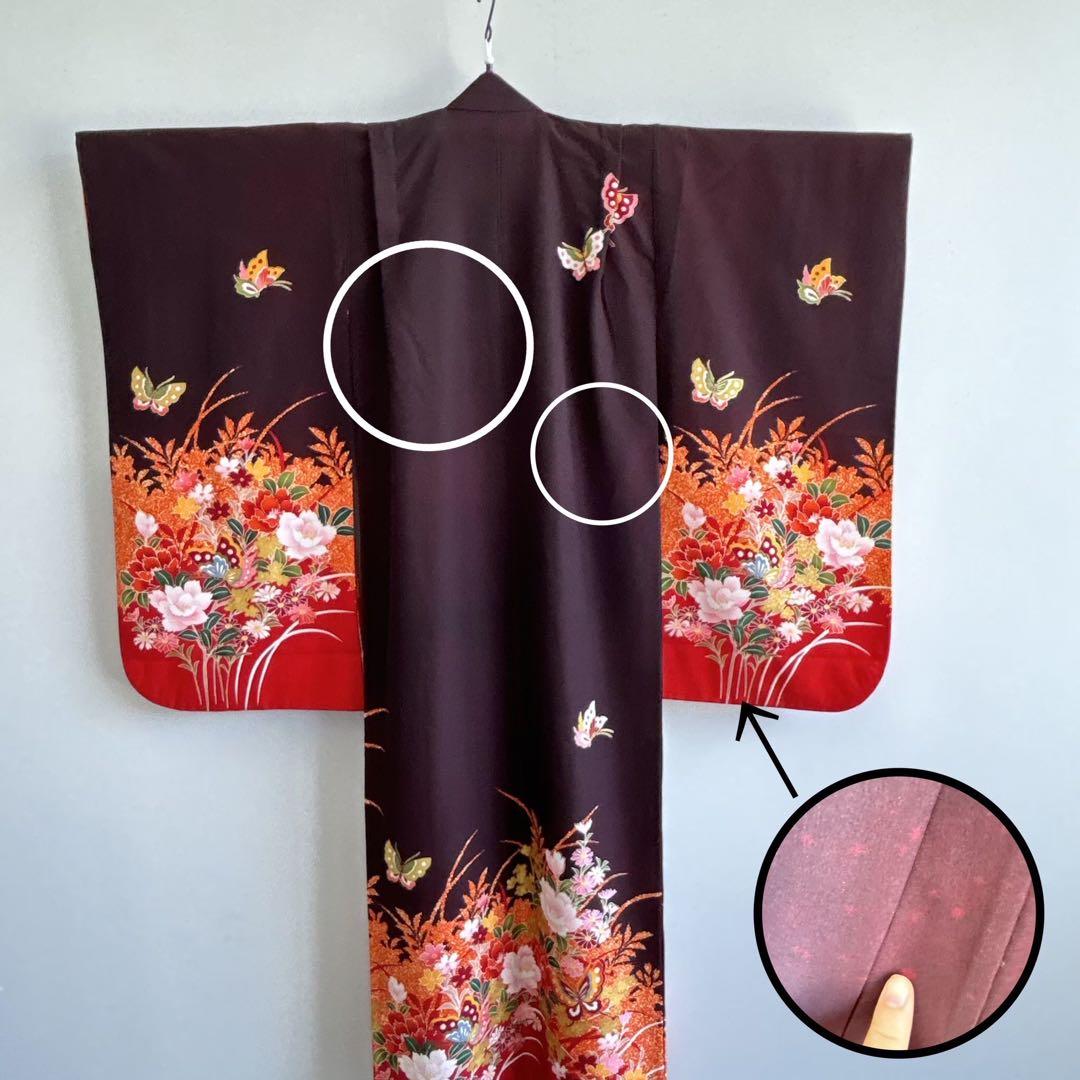 セット　七五三７歳女の子　着物＆帯＆袖なし長襦袢＆小物　黒×赤　蝶　金プリント
