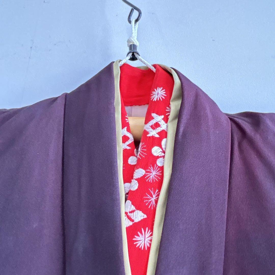 セット　七五三７歳女の子　着物＆帯＆袖なし長襦袢＆小物　黒×赤　蝶　金プリント