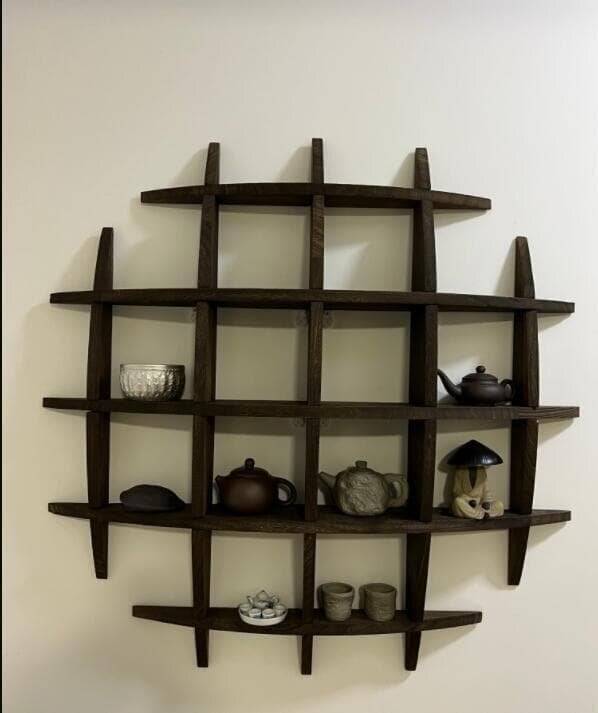 円形木製シェルフ ダークブラウン 茶碗ラック 茶器展示棚