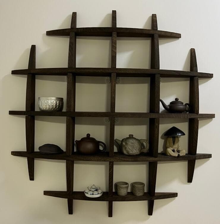 円形木製シェルフ ダークブラウン 茶碗ラック 茶器展示棚