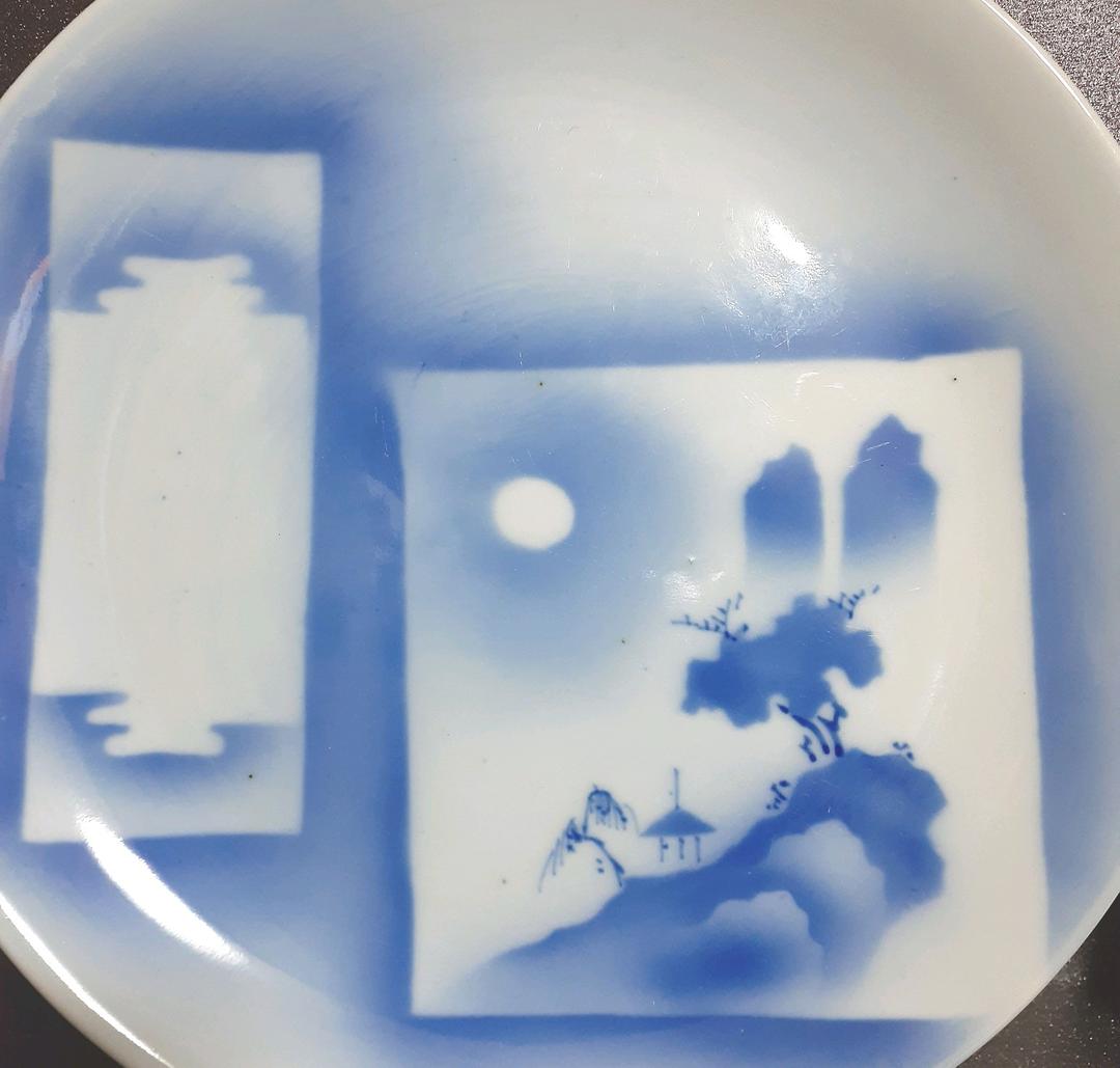 明治時代～大正初期 オールド深川製磁 吹墨技法 山水図 上作品 21.0cm