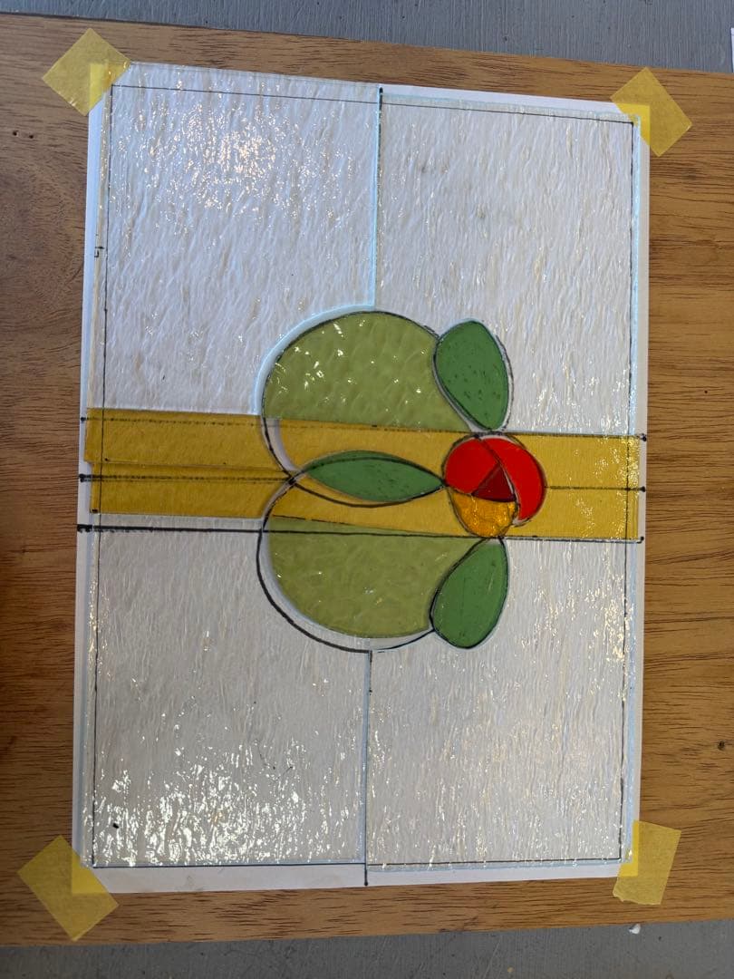 ステンドグラス ビクトリアン調花デザイン 栗木枠　アンティーク　プレゼント