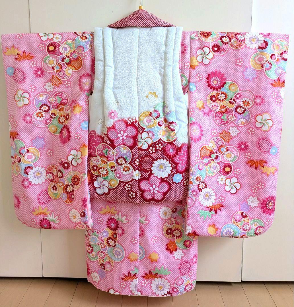 美品　花うさぎ　３歳　七五三 　女の子　ピンク 　花柄 被布　着物セット