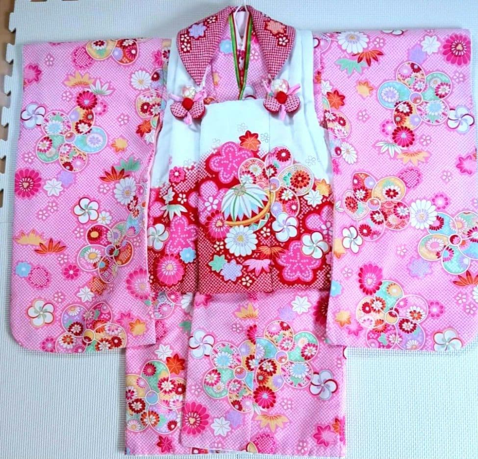 美品　花うさぎ　３歳　七五三 　女の子　ピンク 　花柄 被布　着物セット