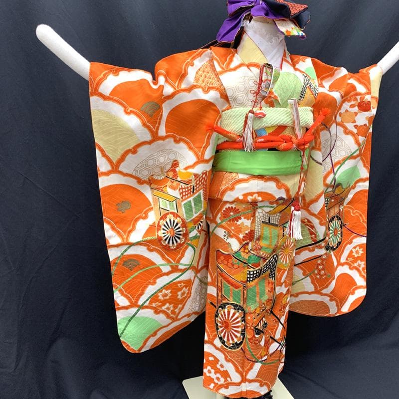 501ag91□七五三 七歳 女児 着物&袋帯 総柄 モダン 古典柄□状態良好