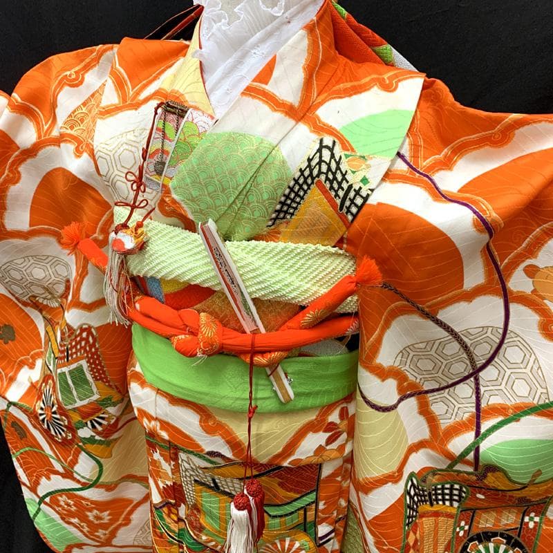 501ag91□七五三 七歳 女児 着物&袋帯 総柄 モダン 古典柄□状態良好