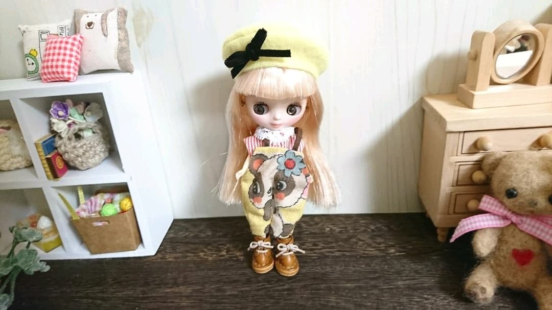 みにぽん⭐プチブライス ～黄色レトロ パンダ柄サロペットコーデ3点セット～