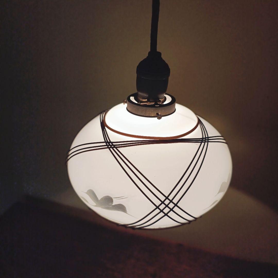 【白】 切子 電笠 ガラス 花模様 被せ 照明 大正 ライト 乳白 シェード