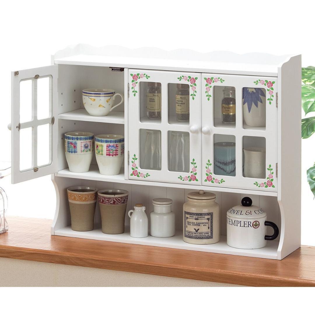 花柄キッチン収納上置きラック　3枚扉　薔薇柄