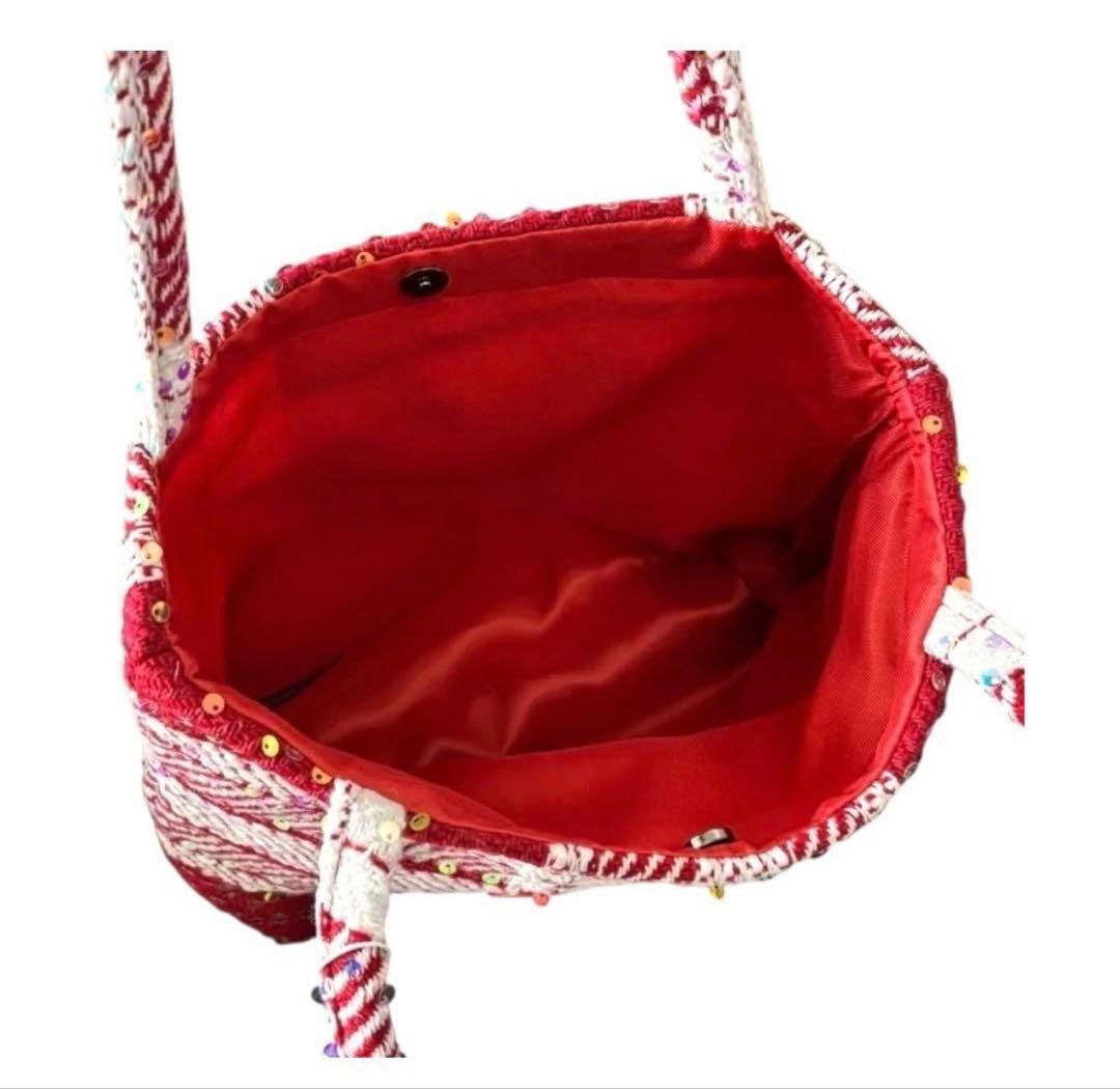 希少 CHANEL ノベルティ トートバッグ 赤 ツイード スパンコール