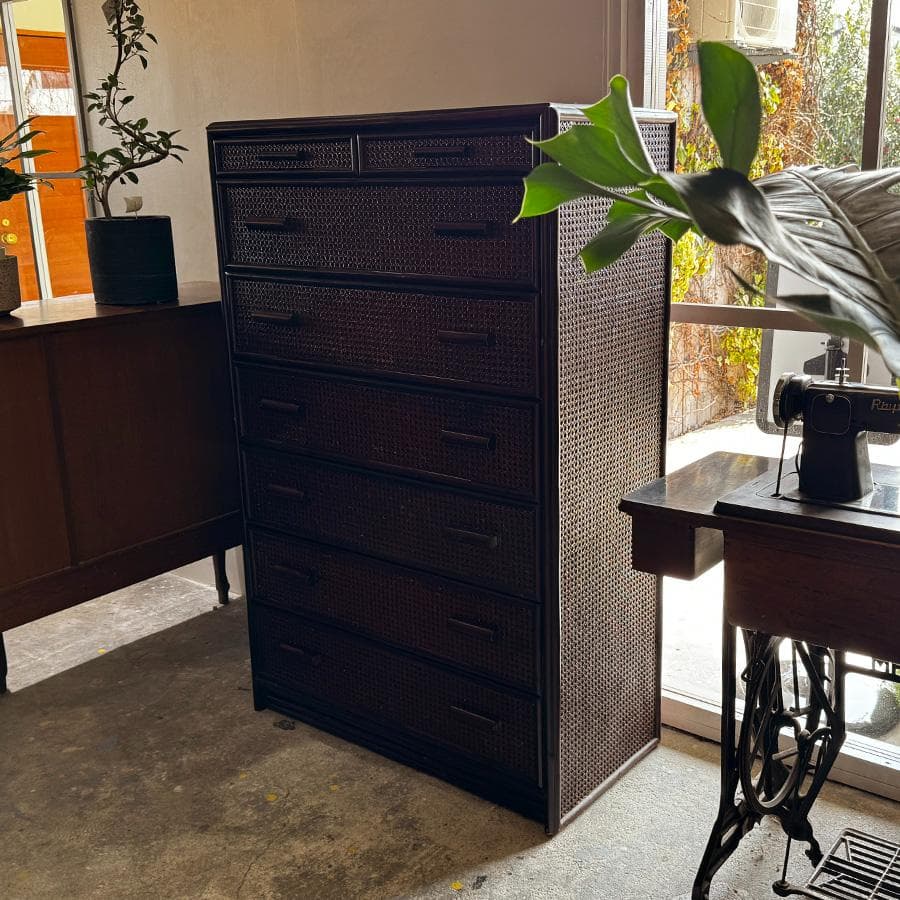 希少 お洒落な 網代引戸箪笥 家具 7段 和モダン アジアン ラタン