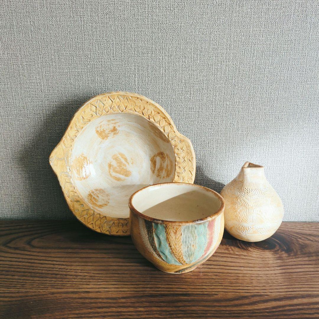新品 工房いろはさんのお皿と花器3点セット② やちむん 作家もの 工房イロハ