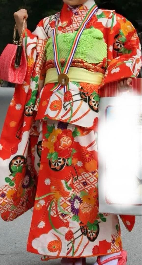 七五三 7歳用子ども着物&帯セット 赤 花柄 昭和レトロ