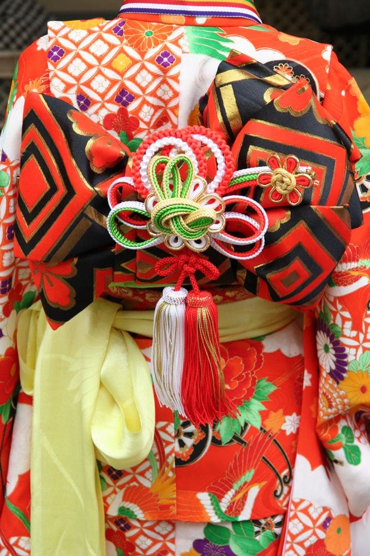 七五三 7歳用子ども着物&帯セット 赤 花柄 昭和レトロ