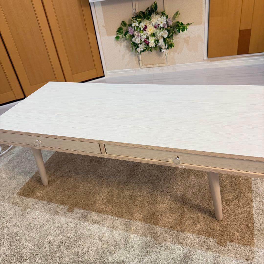 ホワイトウッド北欧風引き出し付きテーブル　ビジュー取っ手付き