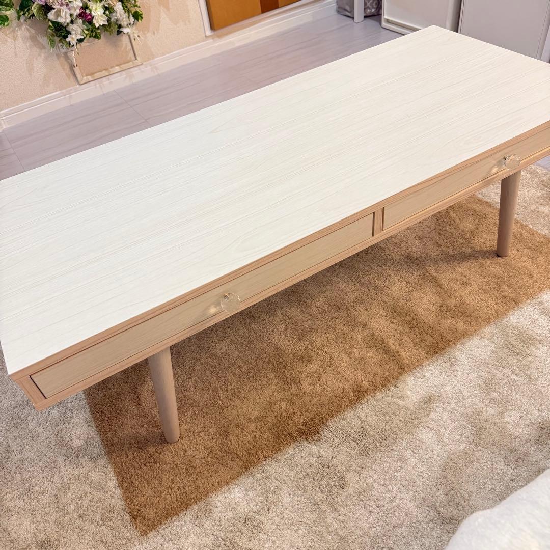 ホワイトウッド北欧風引き出し付きテーブル　ビジュー取っ手付き