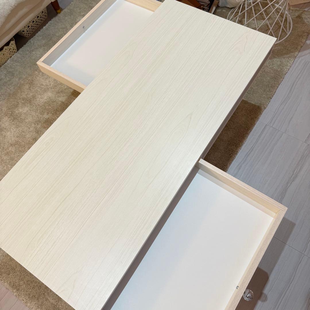 ホワイトウッド北欧風引き出し付きテーブル　ビジュー取っ手付き