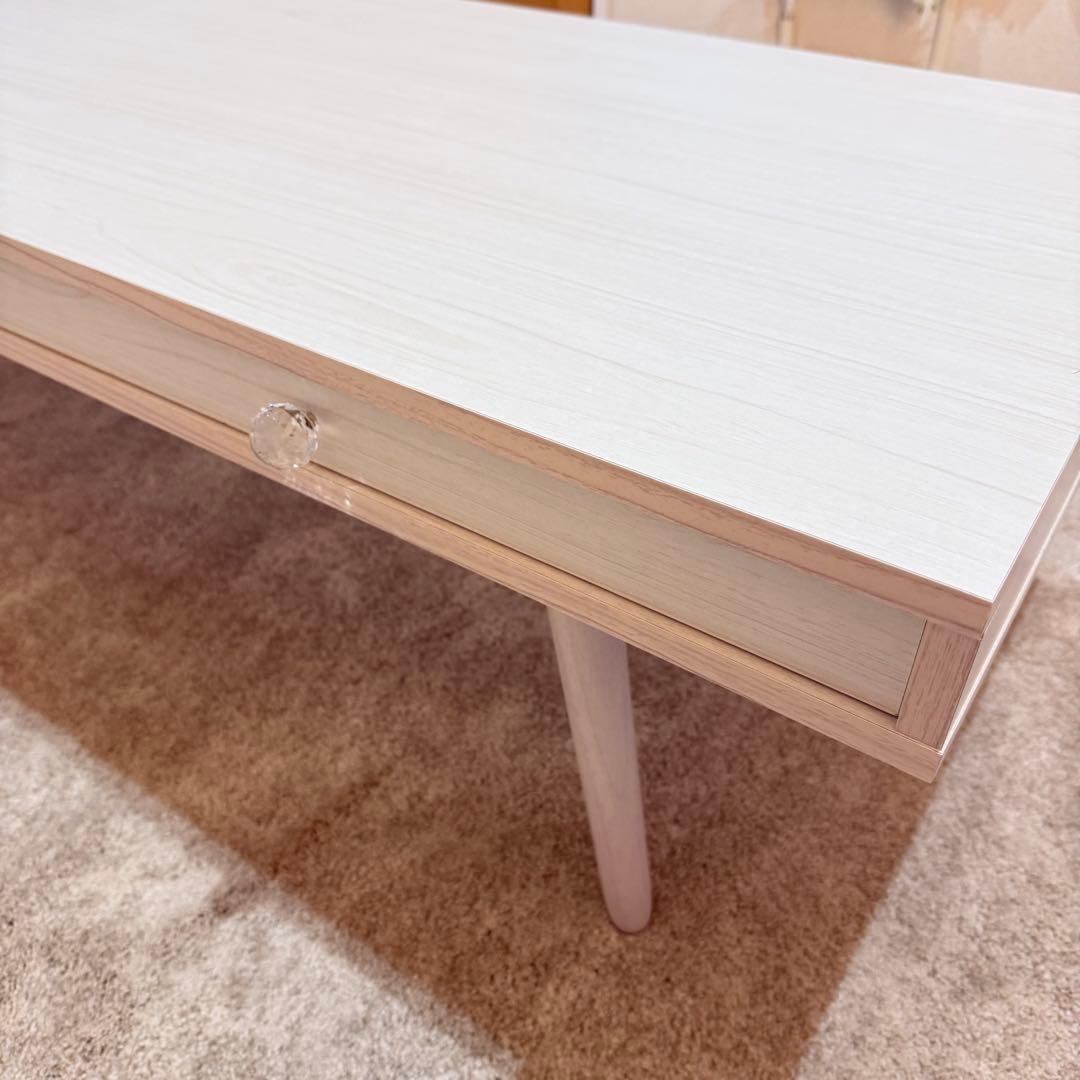 ホワイトウッド北欧風引き出し付きテーブル　ビジュー取っ手付き