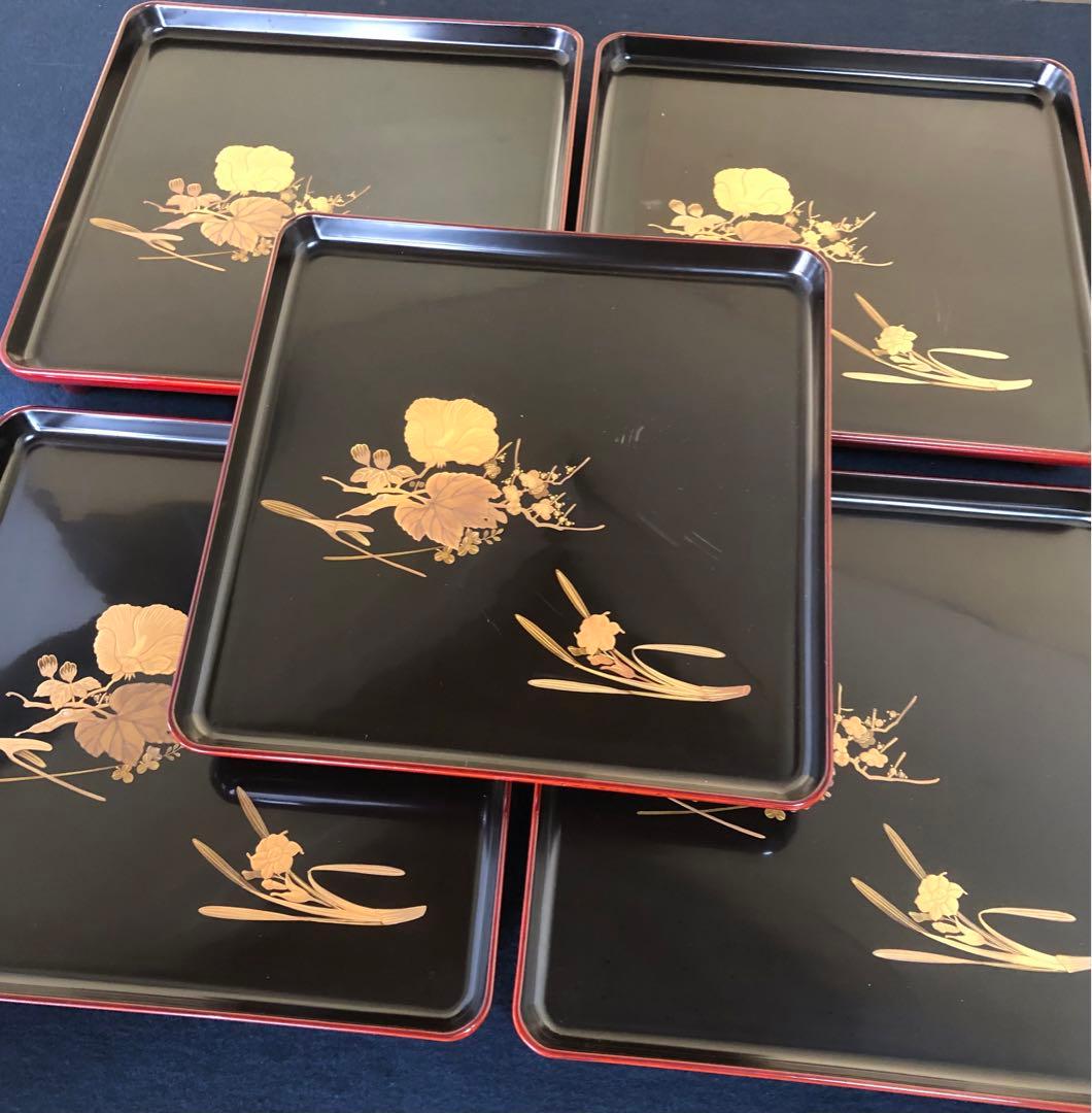 《レ》研ぎ出し蒔絵 青貝 脚付 会席膳5客 木製漆器 木箱　260128く2