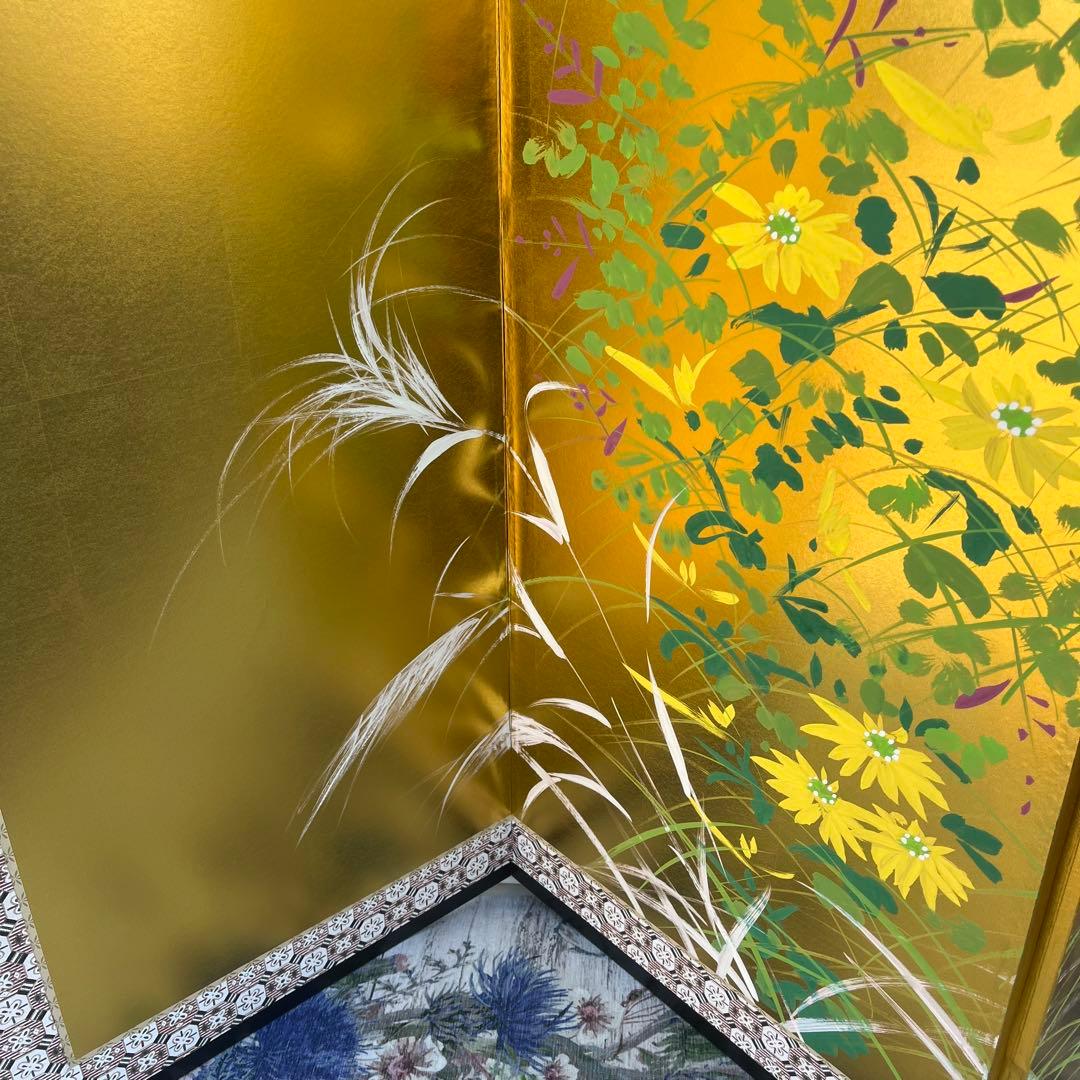 金屏風 六曲屏風 花柄 御園筆 アキクサ 和室 インテリア 飾り屏風