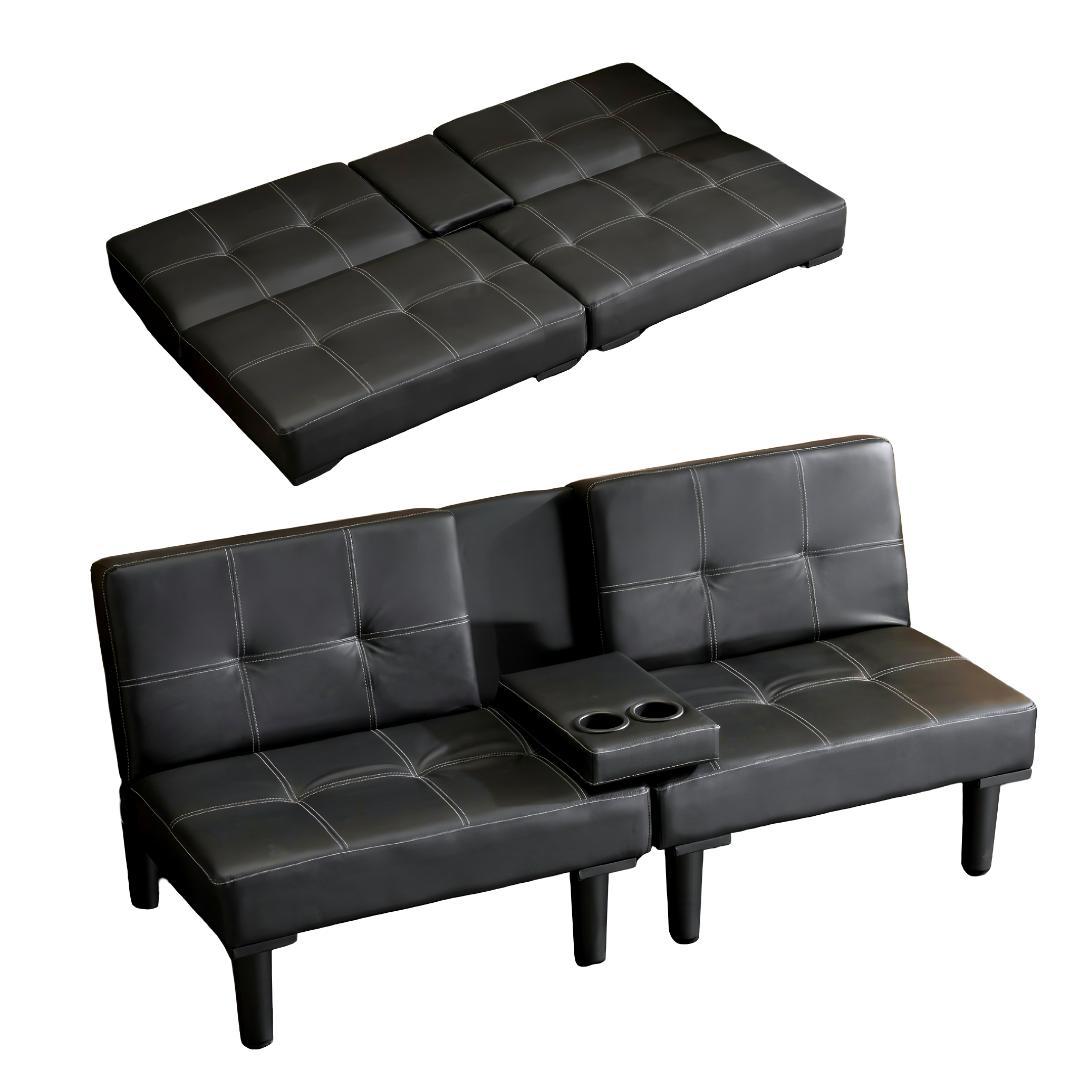 【新品】カップホルダー付き 組立簡単 省スペース2人用ソファベッド