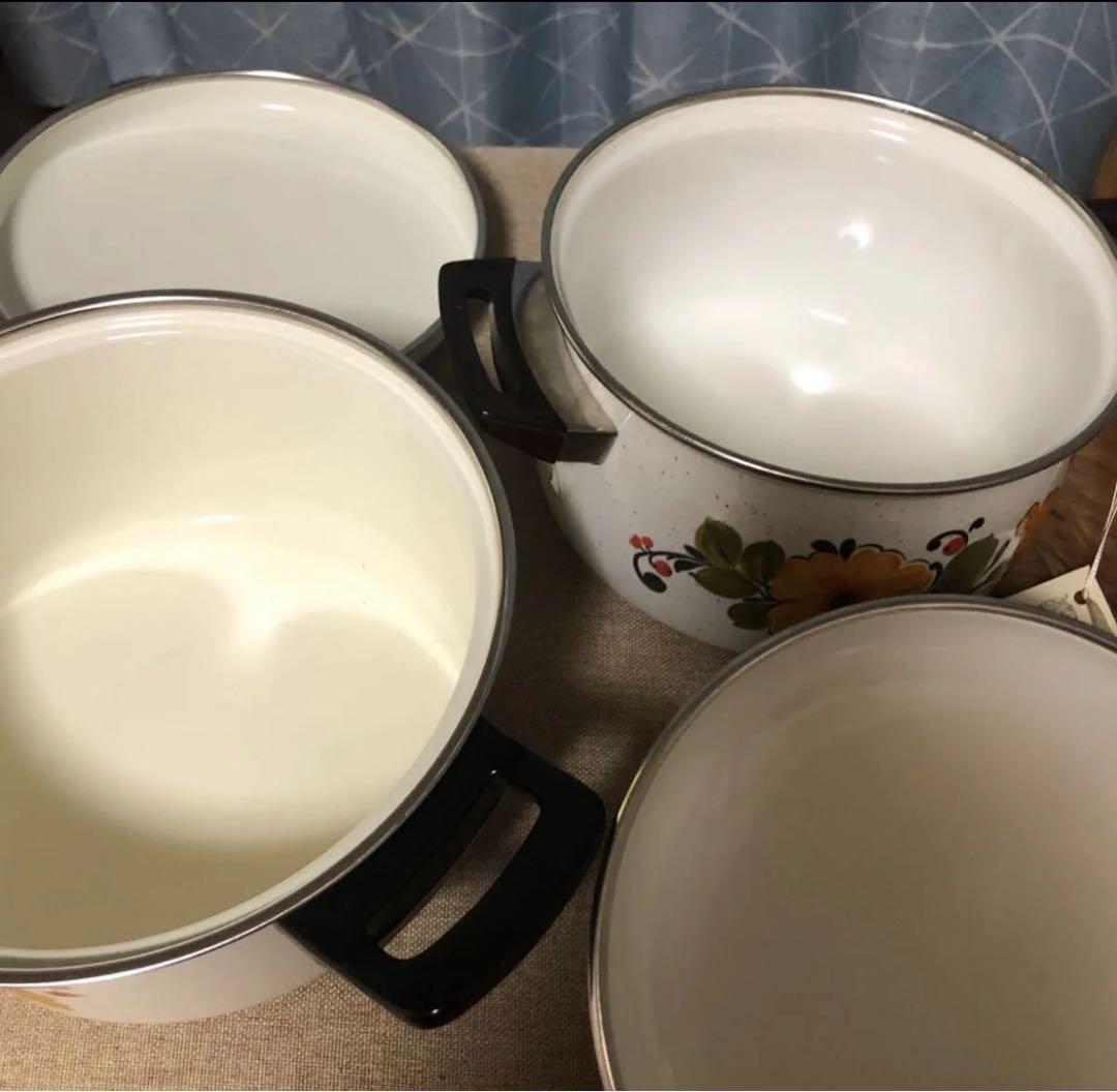 両手鍋 ホーロー 昭和レトロ 花柄 サンコー 年代物 まとめうり