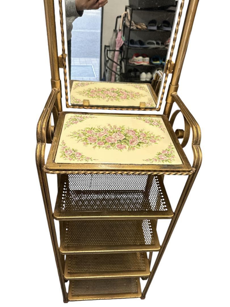 【ミラー付きシューズラック】アイアン　スリッパラック　靴棚　花台　飾り棚　収納棚